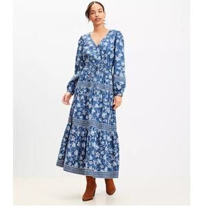 LOFT Floral Smocked Tie Waist Midi Dress Romantic Casual Size Medium